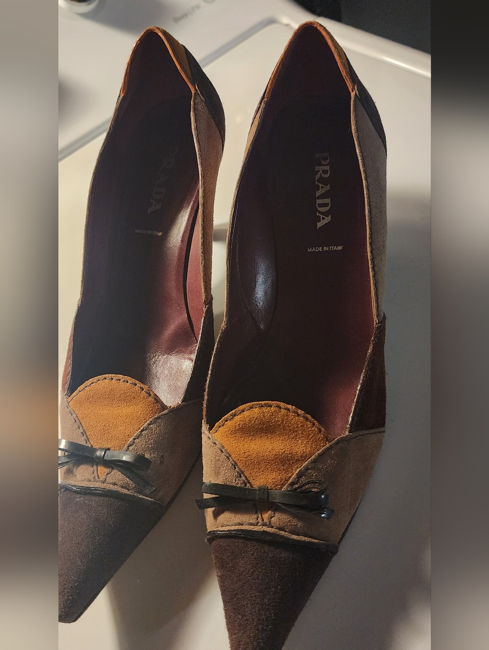 Prada Two-Tone Brown and Tan Suede Pointed-Toe Heels